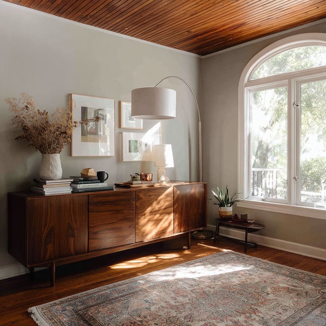 Wood console cabinet and lamp in room with arched window.