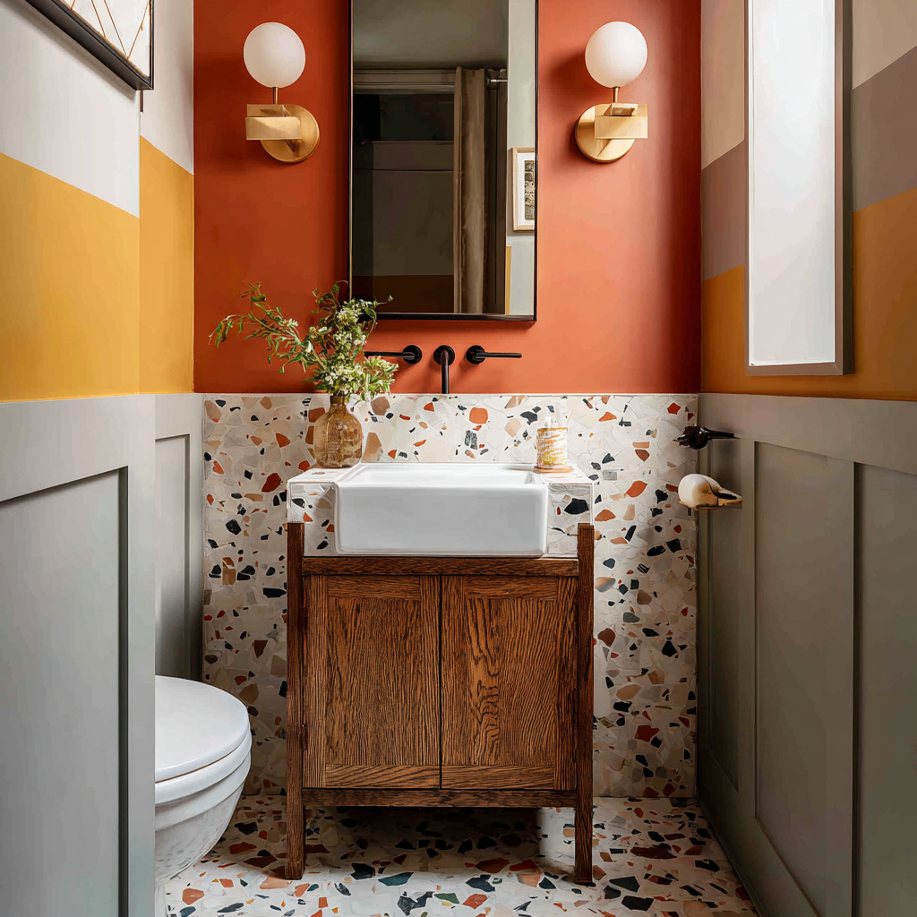 Small bathroom with terrazzo tile and wood vanity.