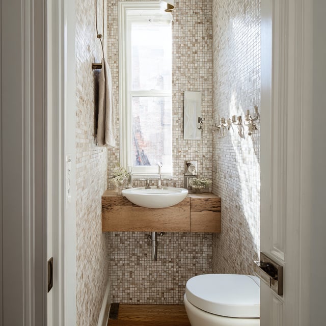 Modern powder room with mosaic tile and a wooden vanity.