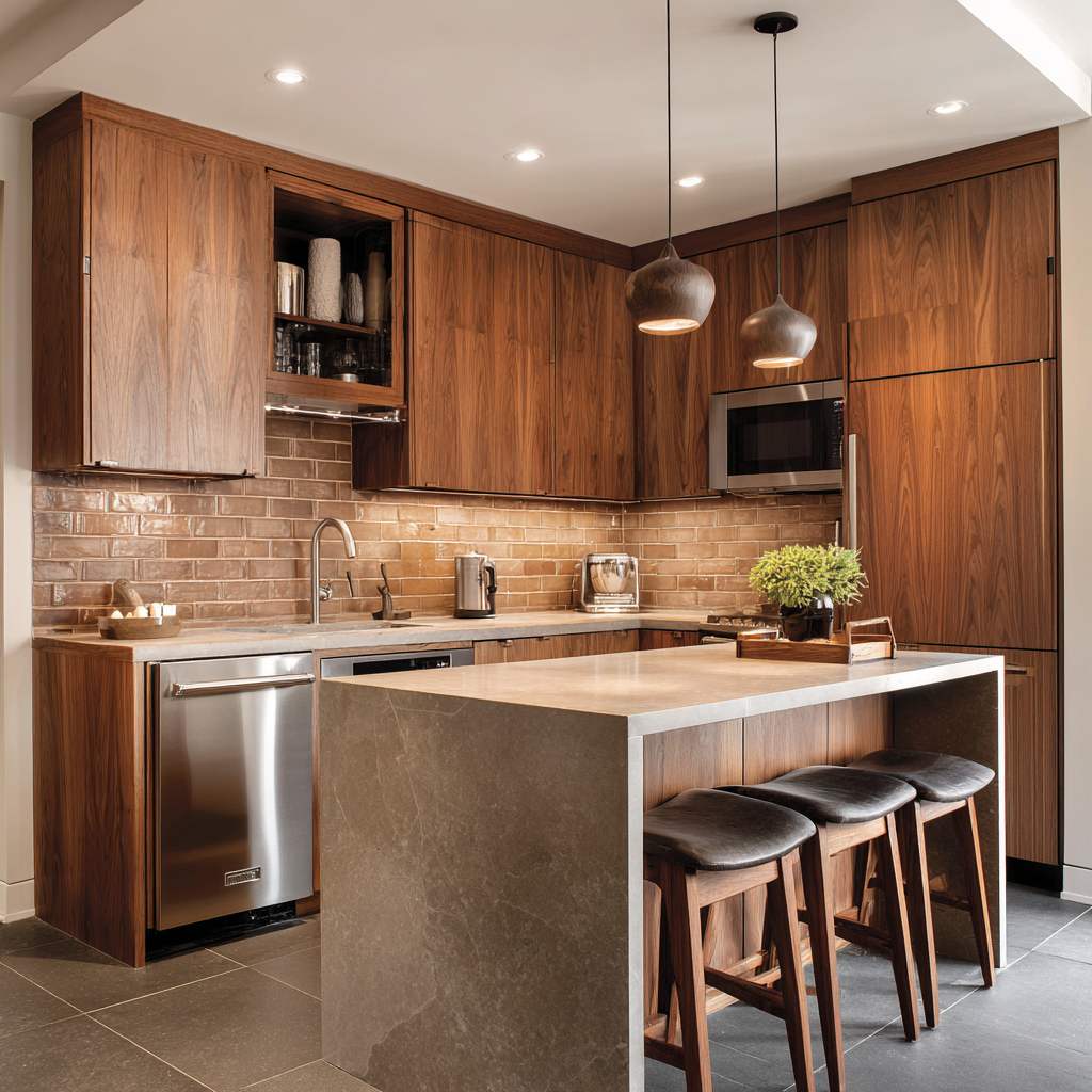 Modern kitchen with rich walnut slab cabinets, warm brown brick-pattern tile backsplash, gray stone waterfall island, wood-and-leather stools, stainless appliances, and sculptural pendant lighting.
