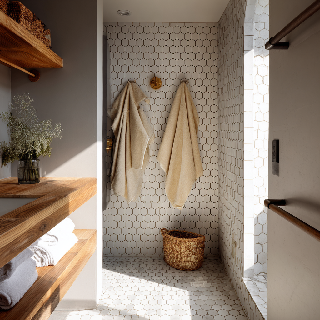 Modern walk-in shower with white hexagon mosaic tile walls and floor, warm wood shelving, and brass accents.