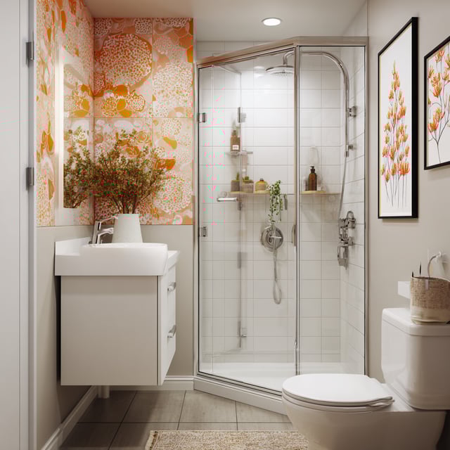Small urban bathroom with a neo-angle corner shower.