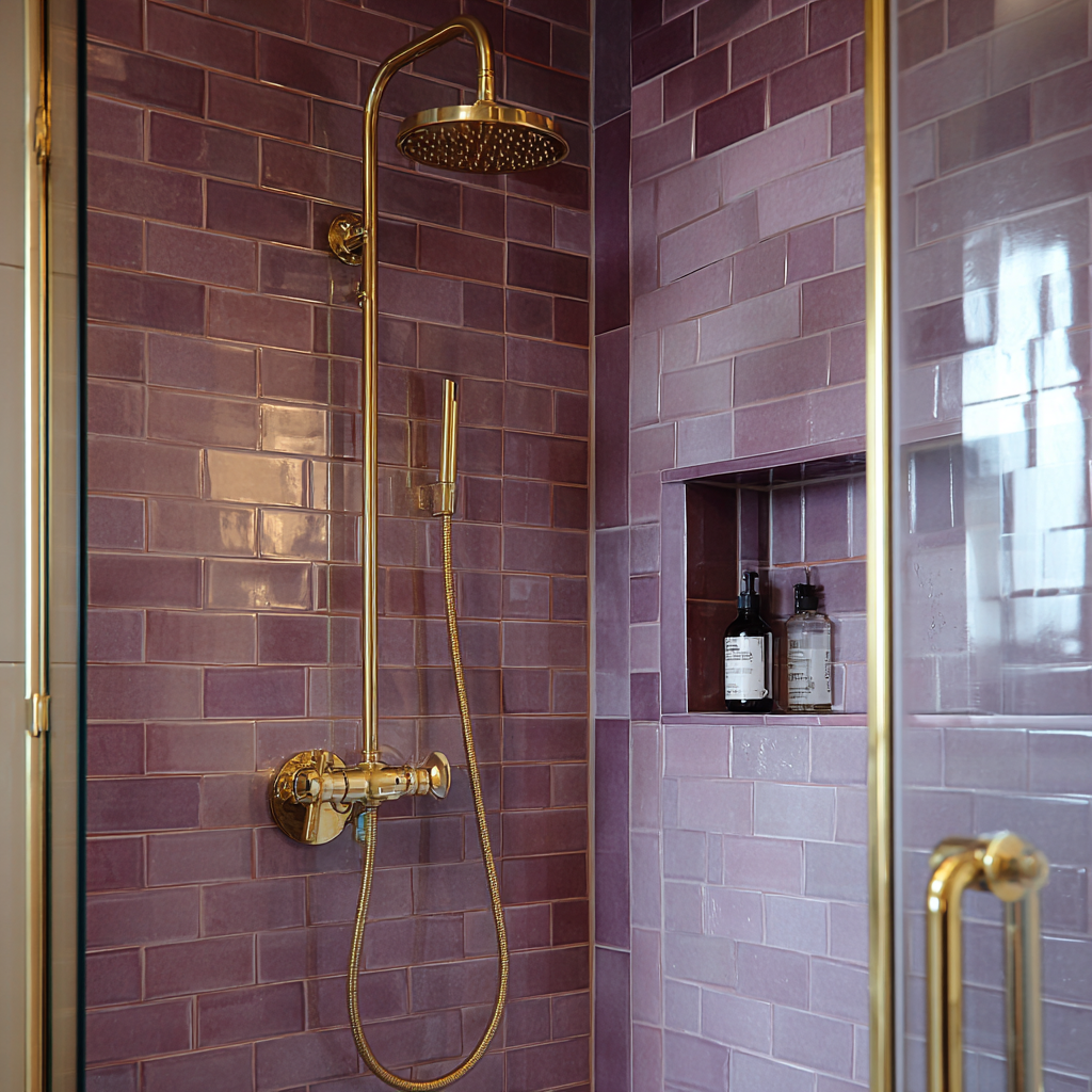 Luxurious shower with glossy plum-purple subway tiles in a brick pattern, brushed brass rain shower and handheld fixtures, frameless glass enclosure, and a recessed niche for toiletries in a modern, boutique-hotel style.