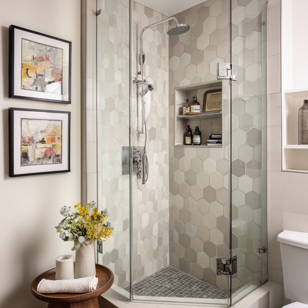 Modern corner shower with frameless glass, soft beige and gray hexagon tile walls, a recessed niche, chrome fixtures, and neutral decor creating a clean, contemporary spa-style bathroom.