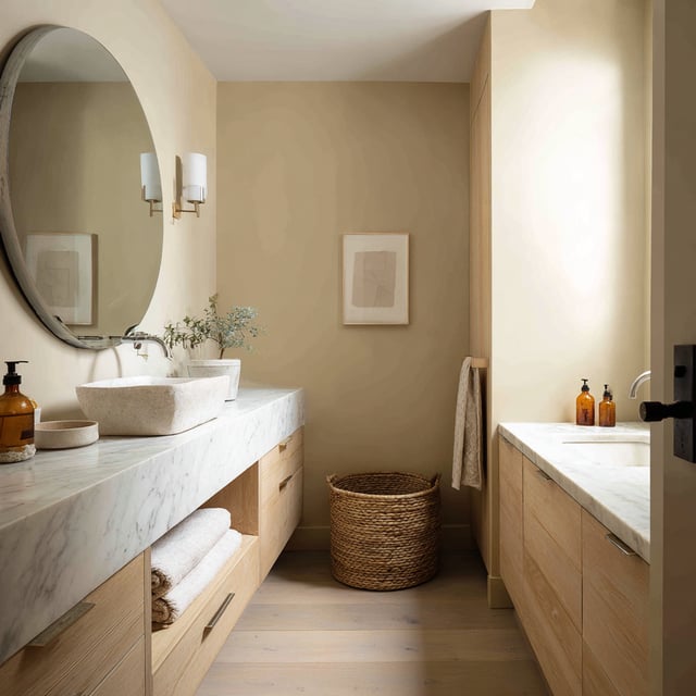 A serene bathroom featuring light wood and marble counters.