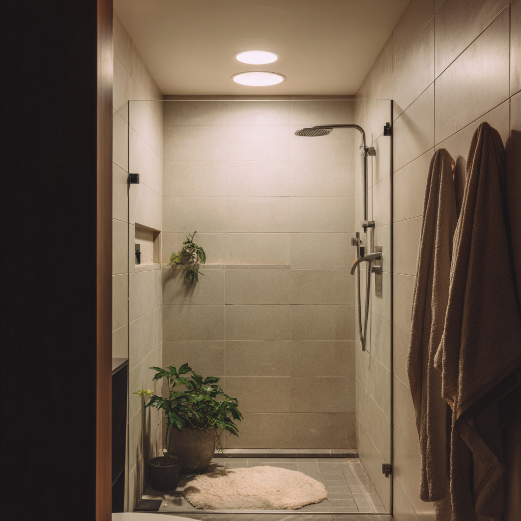 A softly lit shower with large-format neutral tiling, integrated greenery, and a minimalist glass partition.