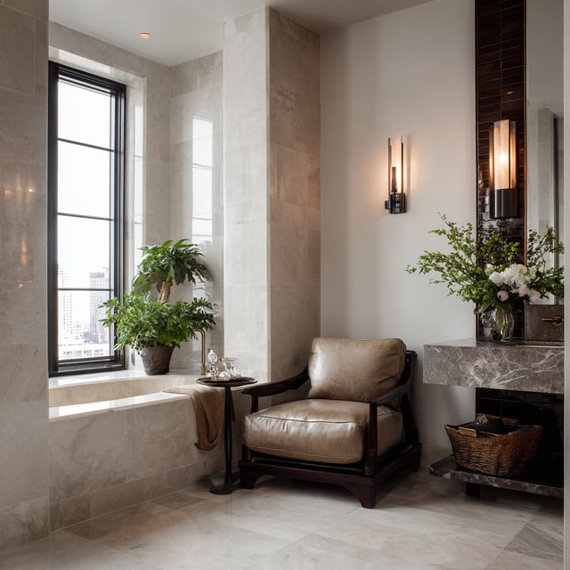 A luxurious bathroom features light-colored marble tile walls and floor, a large window next to a built-in tub with potted plants, a leather-cushioned wooden armchair, and a vanity area with a basket underneath and wall sconces.