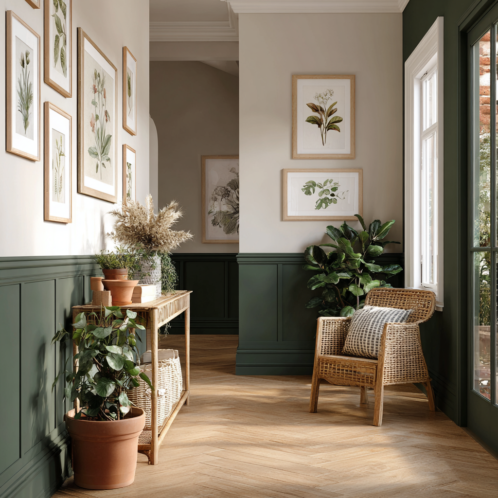 Image 7: Chair rail moulding divides the wall into distinct zones, adding visual rhythm to a hallway.