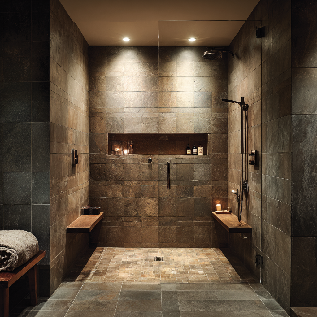 An atmospheric, spa-inspired walk-in shower featuring moody, earth-toned stone tiles, warm accent lighting, and integrated floating teak benches.