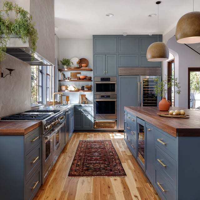 Modern kitchen with butcherblock countertops and blue cabinets.