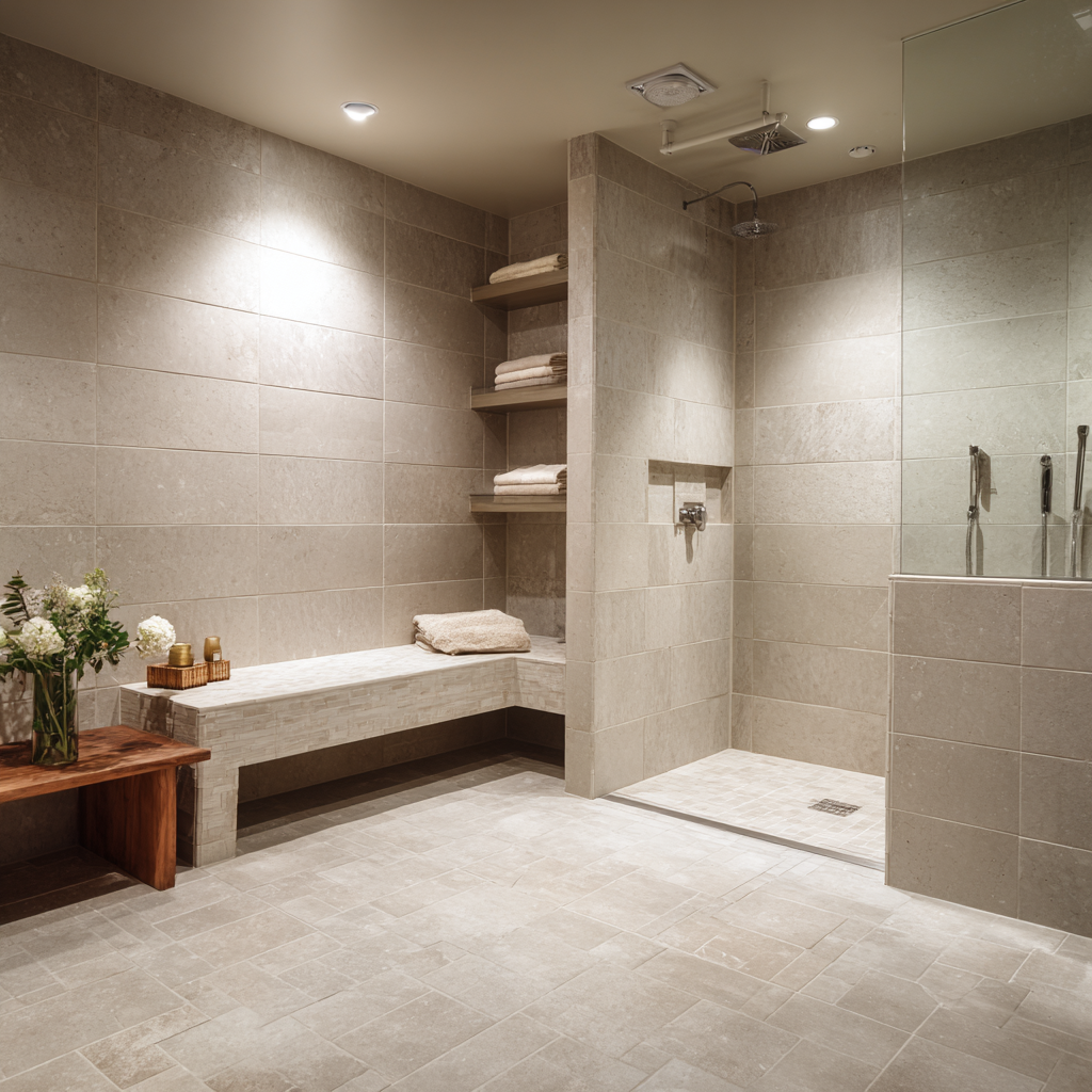A spacious, ADA-inspired "wet room" that emphasizes accessibility and a clean, monochromatic stone aesthetic.