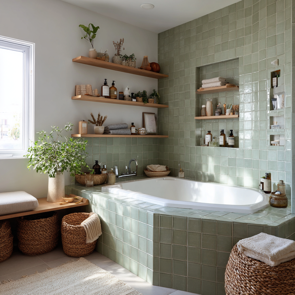 Corner soaking tub with sage green tile surround, floating shelves, and woven baskets.