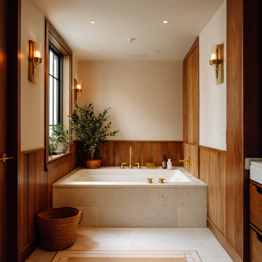 Alcove tub with marble stone surround and rich wood-paneled walls.