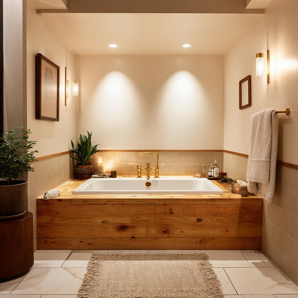 Drop-in tub with reclaimed wood and a brass bridge faucet.
