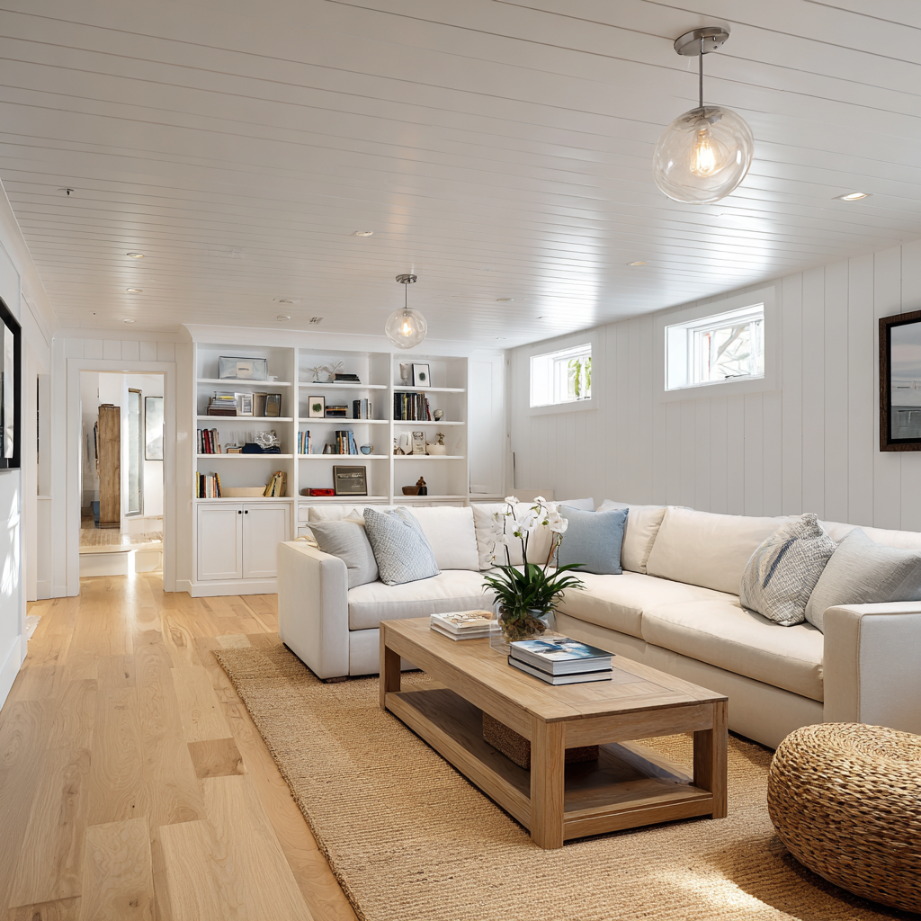 A bright, finished basement recreation room with white walls.