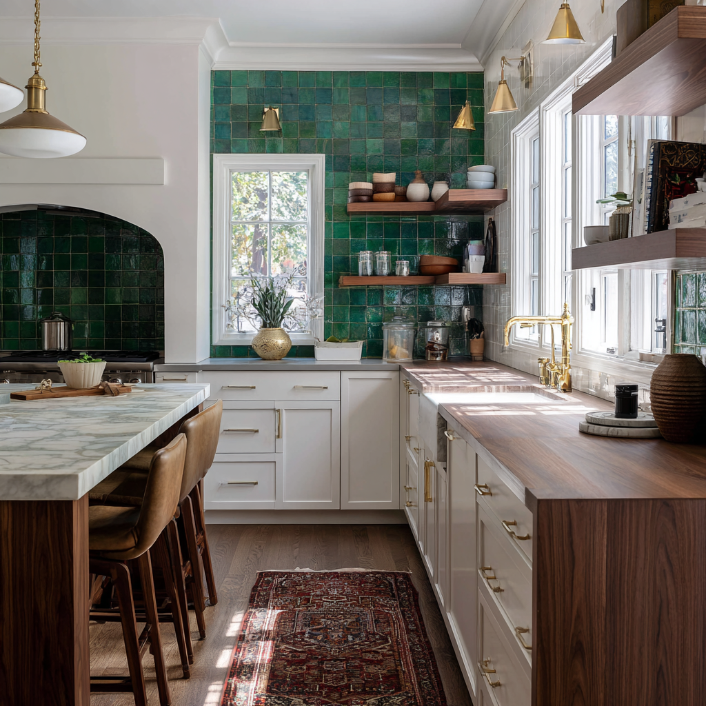 White kitchen with wood tops, gold taps and green tile.