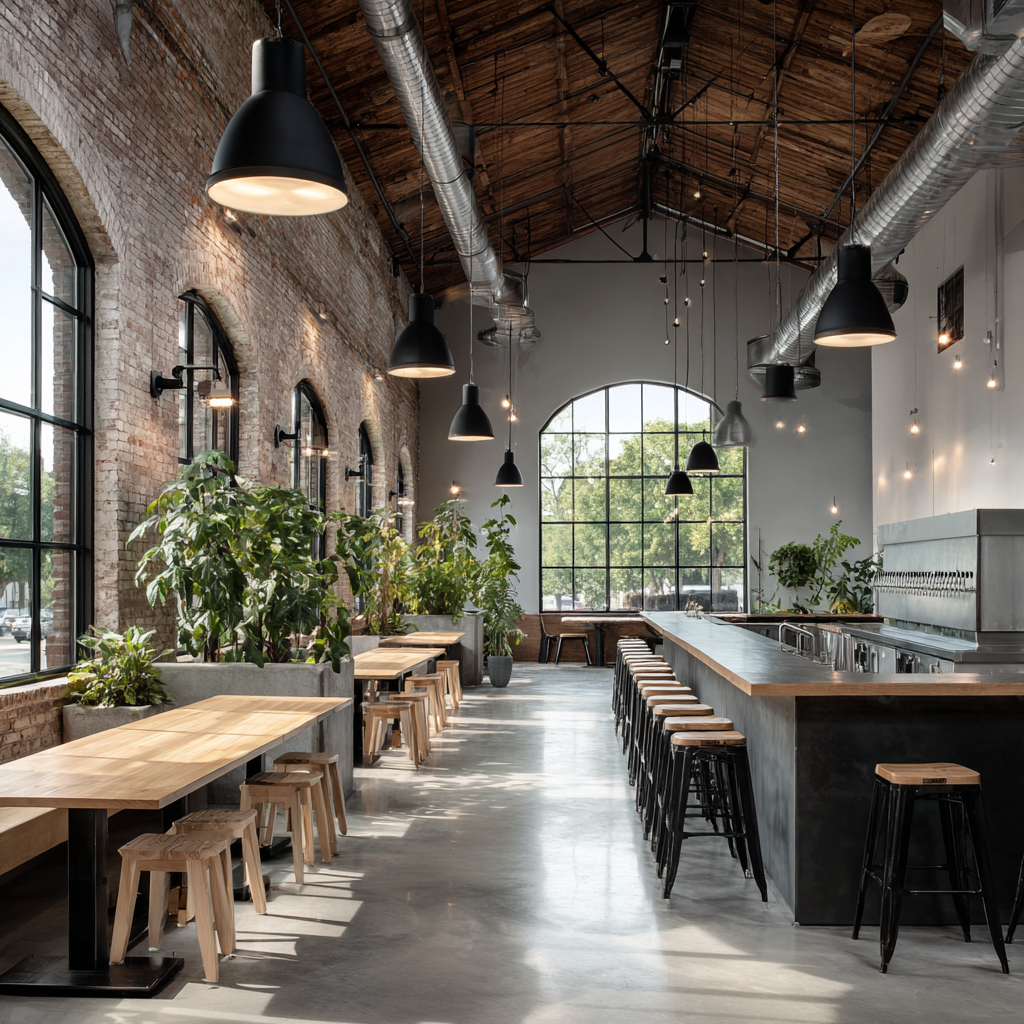 A modern, spacious brewery taproom with exposed brick, high ceilings, large windows, and a long bar with stools.