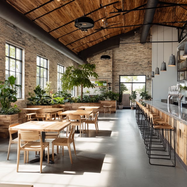 A spacious, modern brewery taproom with a high vaulted wooden ceiling, brick walls, abundant natural light, numerous potted plants, a long bar with stools, and wooden tables and chairs.