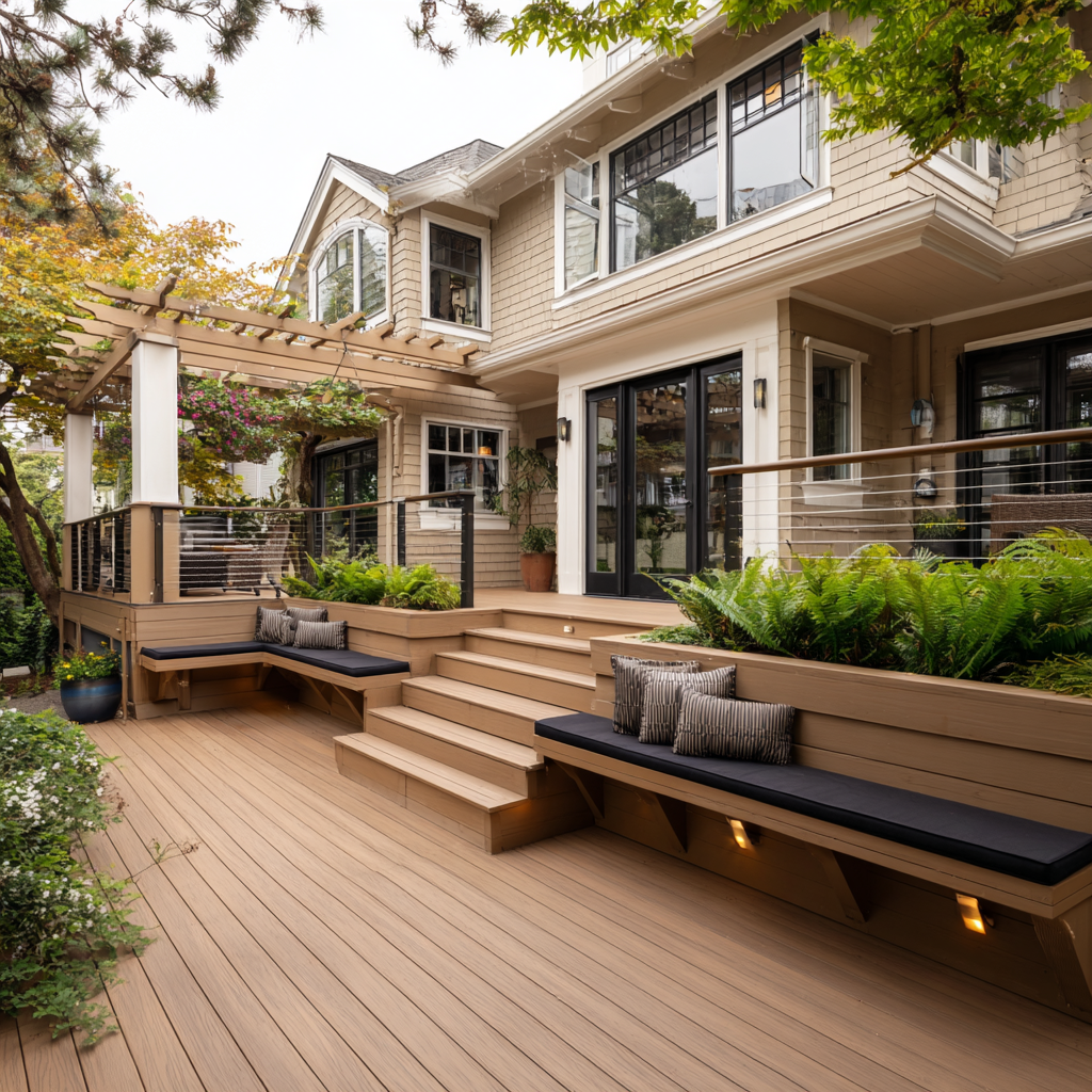 Large multi-level composite deck with benches and a pergola.