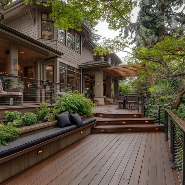 Multi-level wooden deck with built-in seating and lighting.