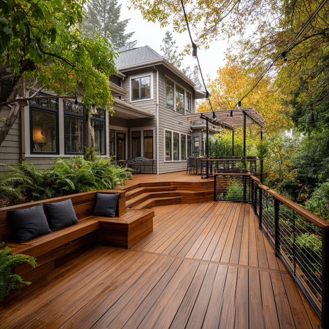 Multi-level wood deck with built-in seating and greenery.