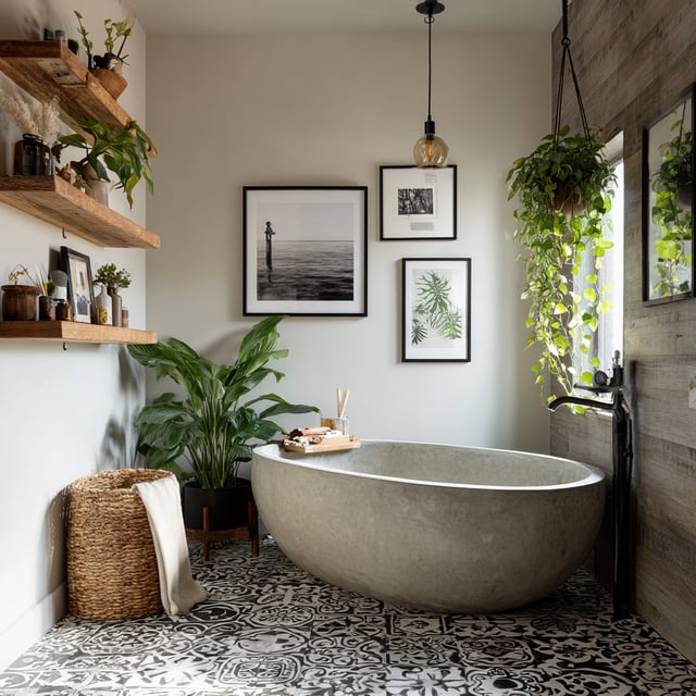 Concrete tub with patterned floor, wood shelves, and plants.