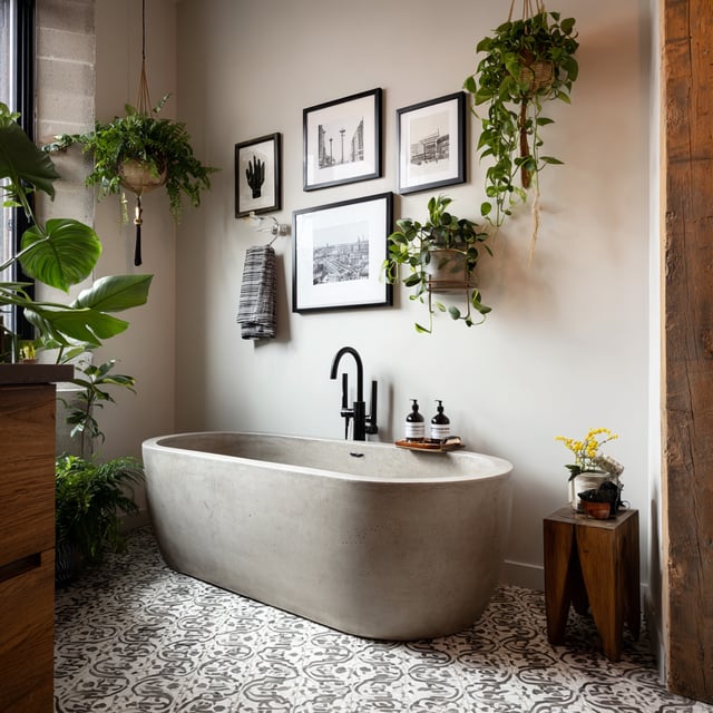 A concrete bathtub in a bathroom with plants and framed art.