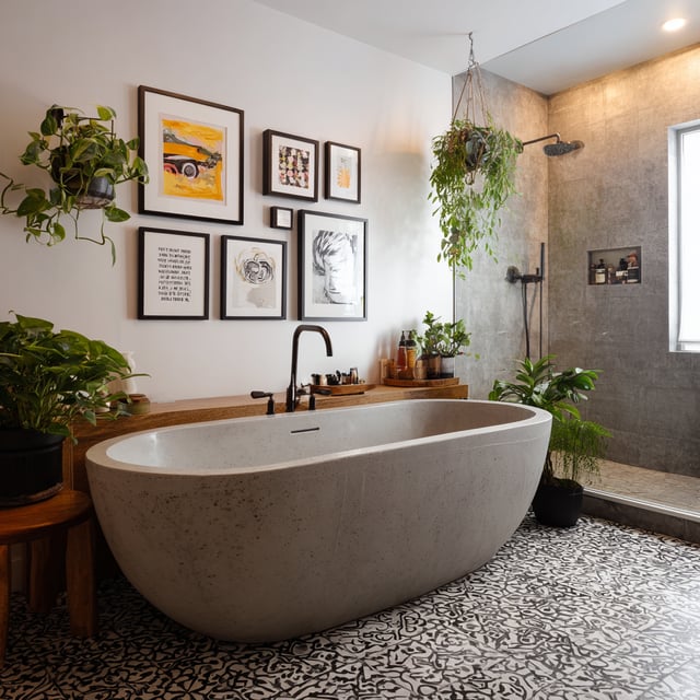 A concrete bathtub in a bathroom with plants and art.