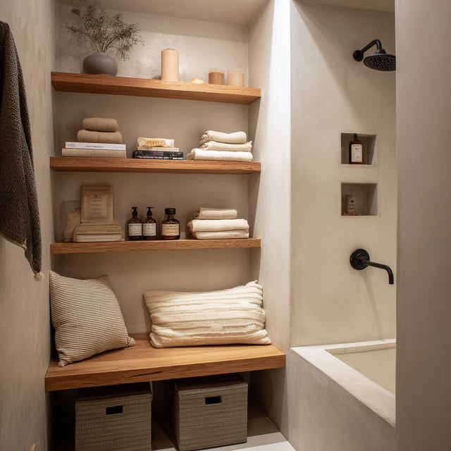 Minimalist spa bathroom with warm wood shelves and plaster.
