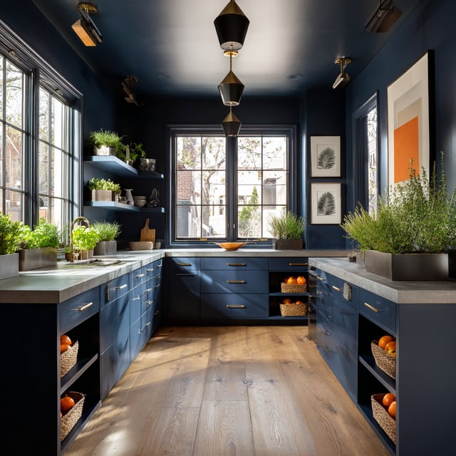 A U-shaped kitchen features dark blue cabinetry, light gray countertops, warm wood flooring, large windows, and an abundance of potted greenery.