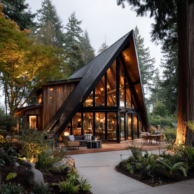 A renovated A-frame cabin featuring a striking black metal roof and floor-to-ceiling glass walls.