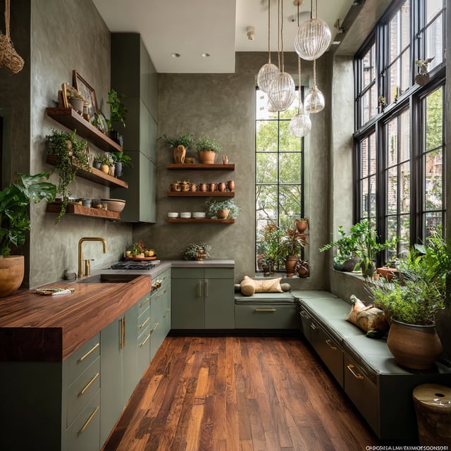 Green kitchen with wood floor and large window.