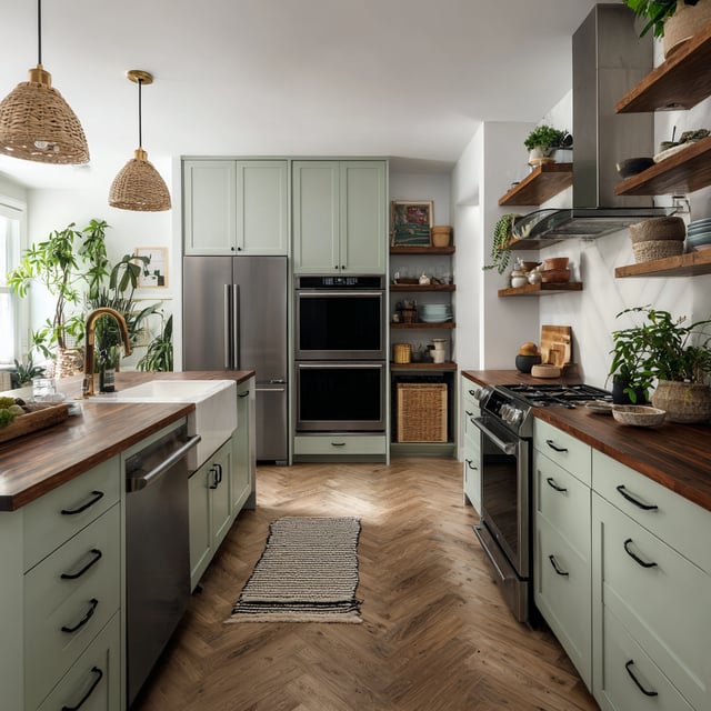 Sage green kitchen with wood counters and wicker pendants.