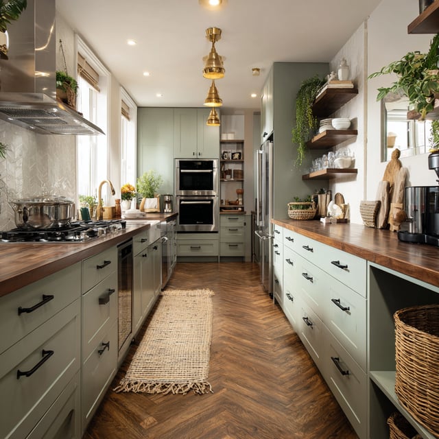 A stylish, galley-style kitchen featuring light green cabinetry, wood countertops, stainless steel appliances, a herringbone wood floor, and brass pendant lighting.