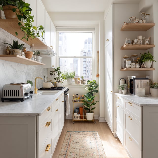 Bright, narrow kitchen with white cabinets and plants.