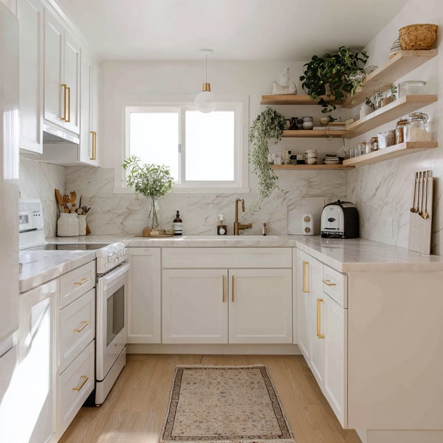 A bright, U-shaped kitchen with white cabinets, gold hardware, a marble backsplash and countertops, open wood shelving, and a small patterned rug on the wood floor.
