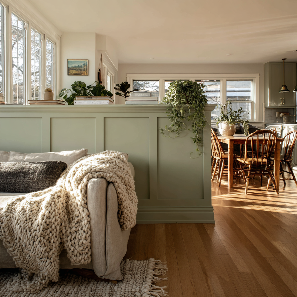Image 5: Board-and-batten wainscoting in sage green defines zones in an open-concept living space.