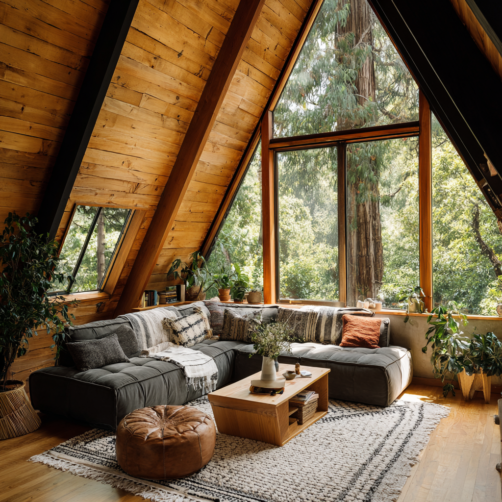 A stylishly renovated A-frame living room features soaring wood-paneled ceilings and a massive triangular window overlooking a lush forest.