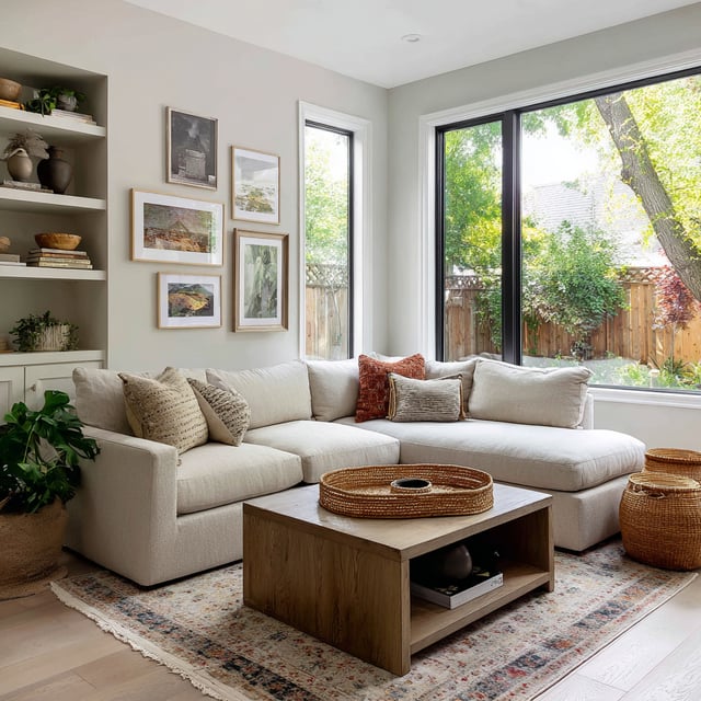 Sun-filled living room with neutral sofa and wooden table.