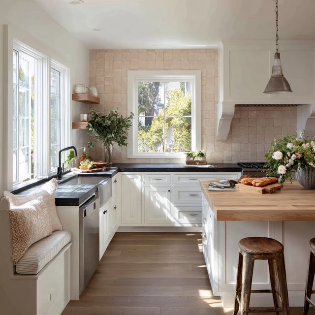 A sunlit L-shaped kitchen with white cabinets, black countertops, and a wood-topped island.