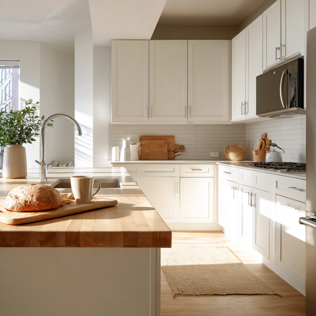 A sunlit contemporary kitchen featuring creamy white Shaker cabinetry with brushed nickel hardware, a large island with a butcher block countertop, and a built-in stainless steel microwave.