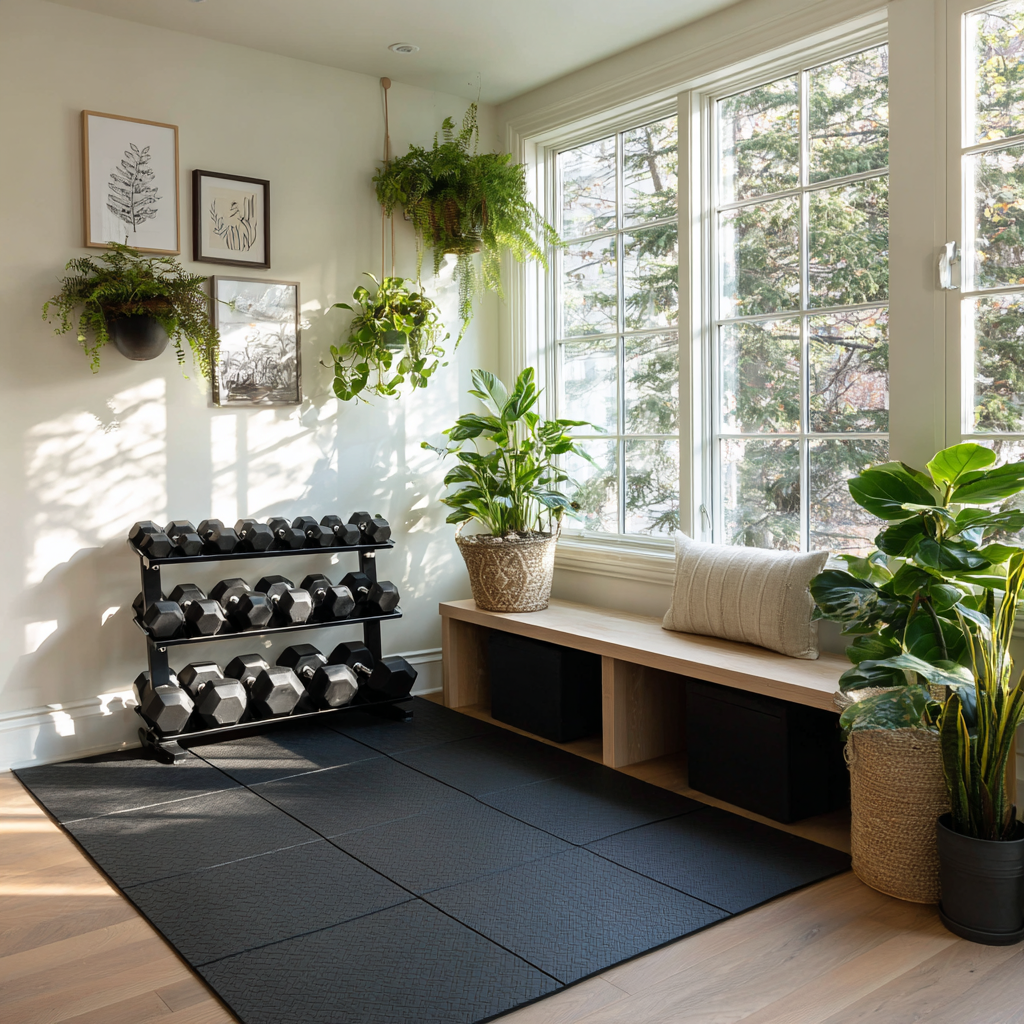 Sunlit home gym corner with dumbbells, plants, and black floor mats.