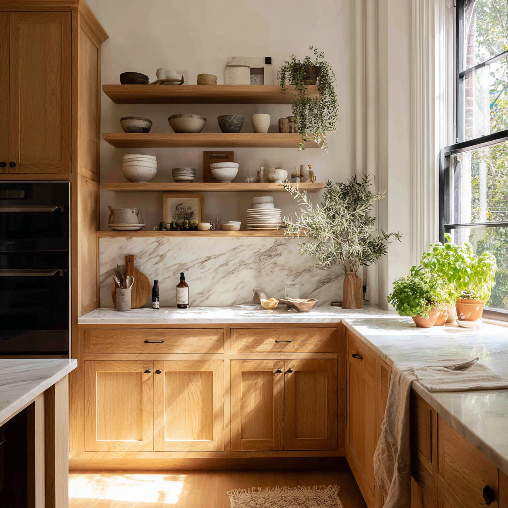 Oak kitchen with marble counters, open shelves and greenery.