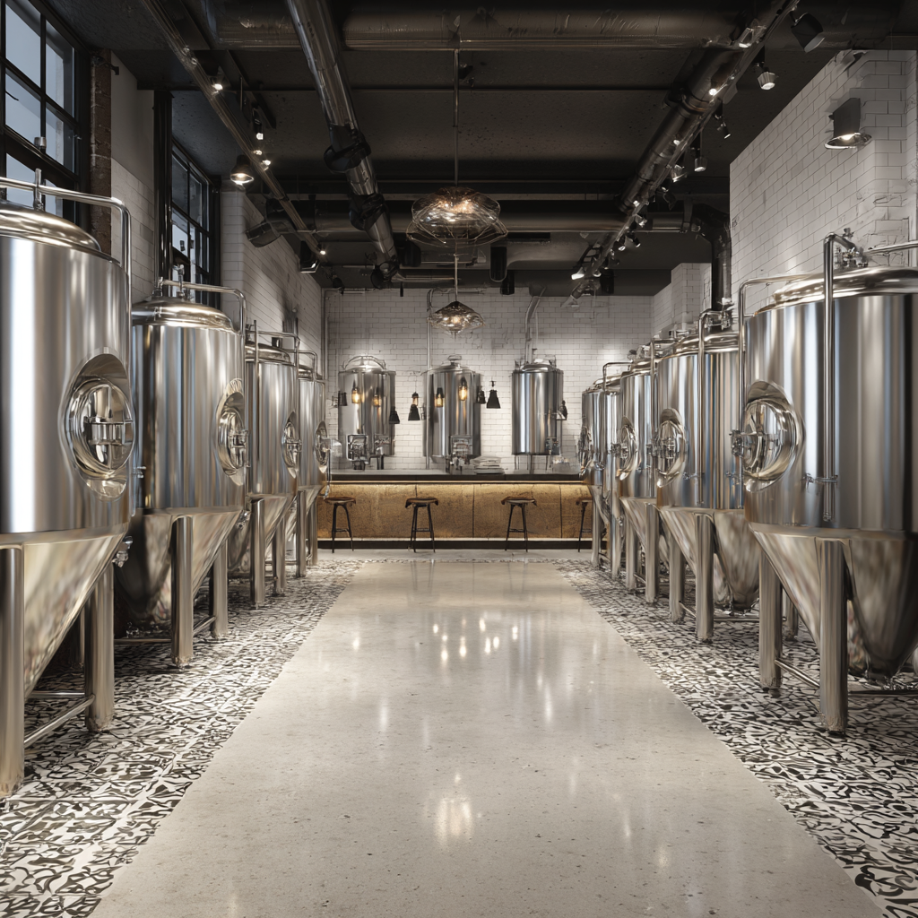 A clean, modern brewery interior featuring rows of shiny stainless steel fermentation tanks and a small central bar area.