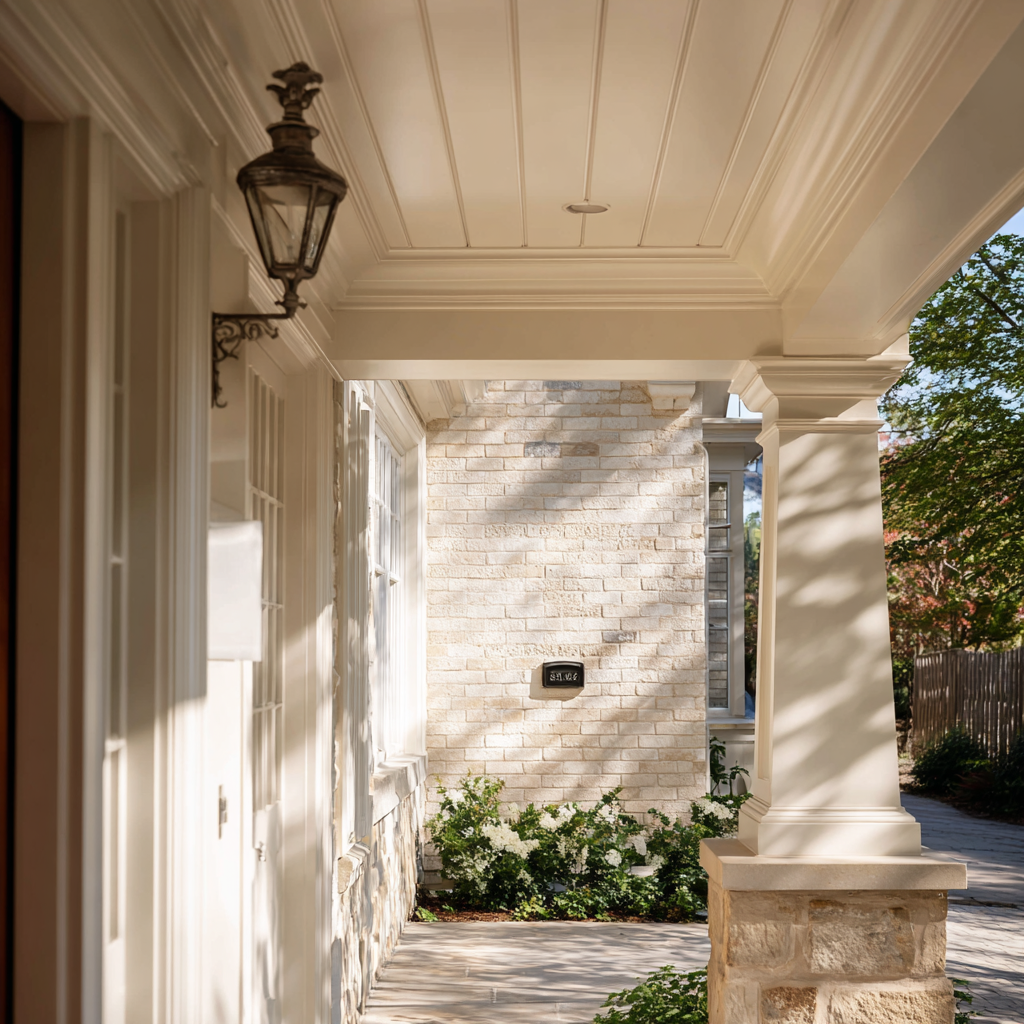 A sun-drenched, elegant porch featuring classic architectural details including a coffered beadboard ceiling, a stately tapered column on a stone base, and an ornate vintage-style lantern mounted against a light-colored brick and wood-paneled facade.