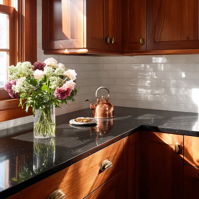 A traditional/transitional kitchen features cherry wood cabinets, dark, speckled countertops, and a white subway tile backsplash, with a copper kettle and a vase of flowers on the counter by a sunlit window.