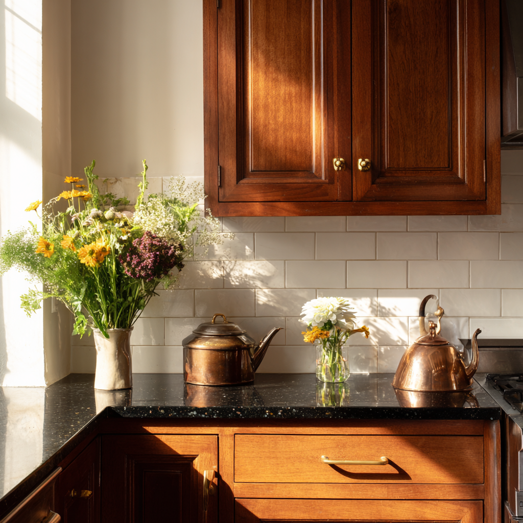 A sunlit, traditional kitchen counter with dark speckled countertops, white subway tile backsplash, and wooden cabinetry, featuring two copper teapots, a vase of yellow and purple wildflowers, and a small glass vase of white and yellow daisies.