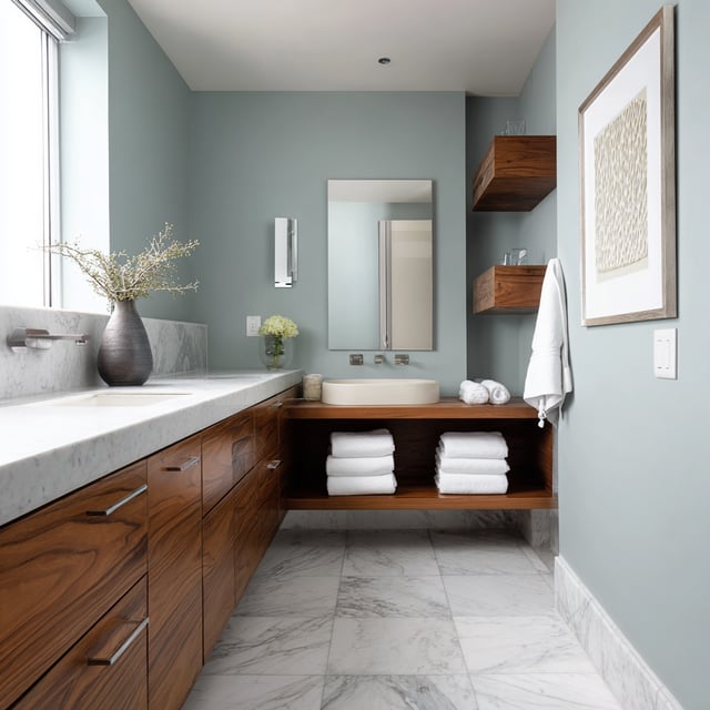 A serene guest bathroom features soft blue-gray walls, a long marble countertop with a double sink, warm wood cabinetry and shelving, a cream-colored vessel sink, and a white marble tile floor.