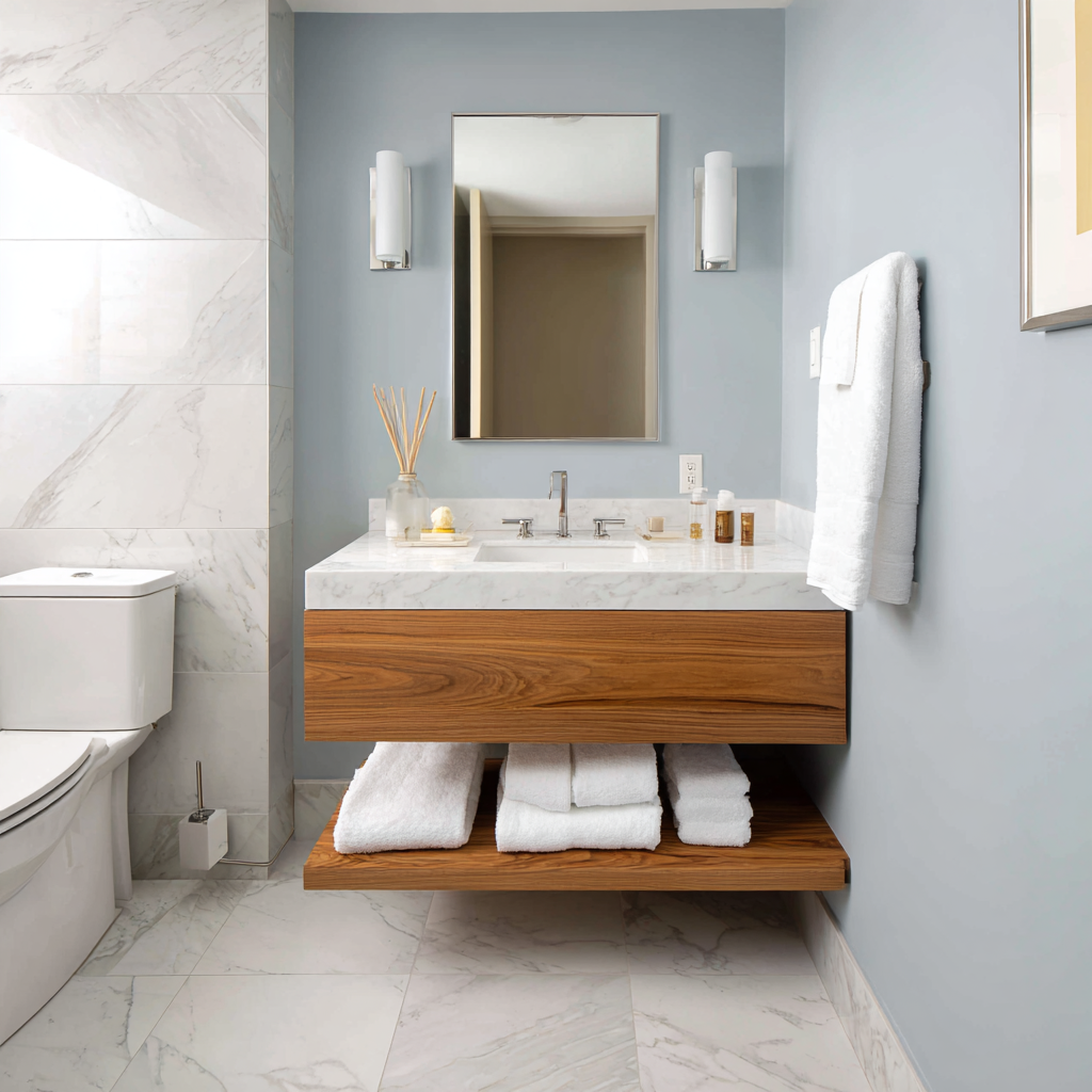  Tranquil guest bathroom with blue-gray walls and a wood vanity.