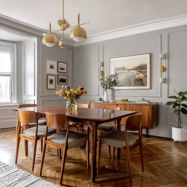 A transitional-style dining room features a dark wood table with six mid-century modern chairs, a brass Sputnik chandelier, light gray wainscoting and walls, a medium-tone wood sideboard, and a herringbone-patterned wood floor.
